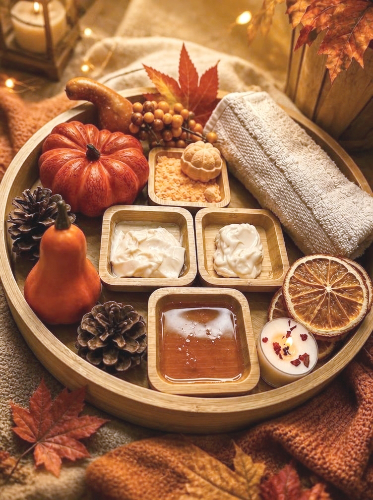 An autumn pedicure tray — pumpkins, pinecones, a sugar scrub, pumpkin masque, a honey soak and a candle.